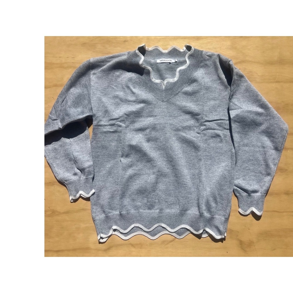 MISSLOOK Gray Knitted Wool Scalloped V-Neck Sweater White Trim 747431# Size M